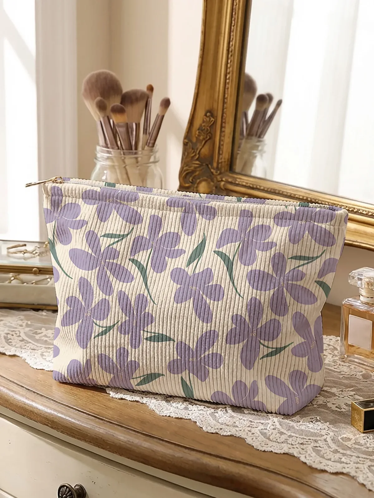 Trousse de maquillage en velours côtelé imprimé grandes fleurs lilas, pochette légère à fermeture éclair, trousse à cosmétiques multifonctionnelle doublée