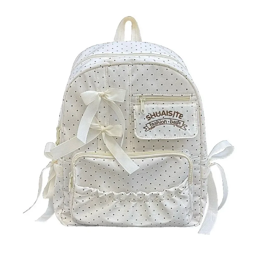 sac à dos en nylon à pois avec nœud, grande capacité, fermeture éclair, sac d'école, doublure en polyester, sac à dos de voyage multi-compartiments
