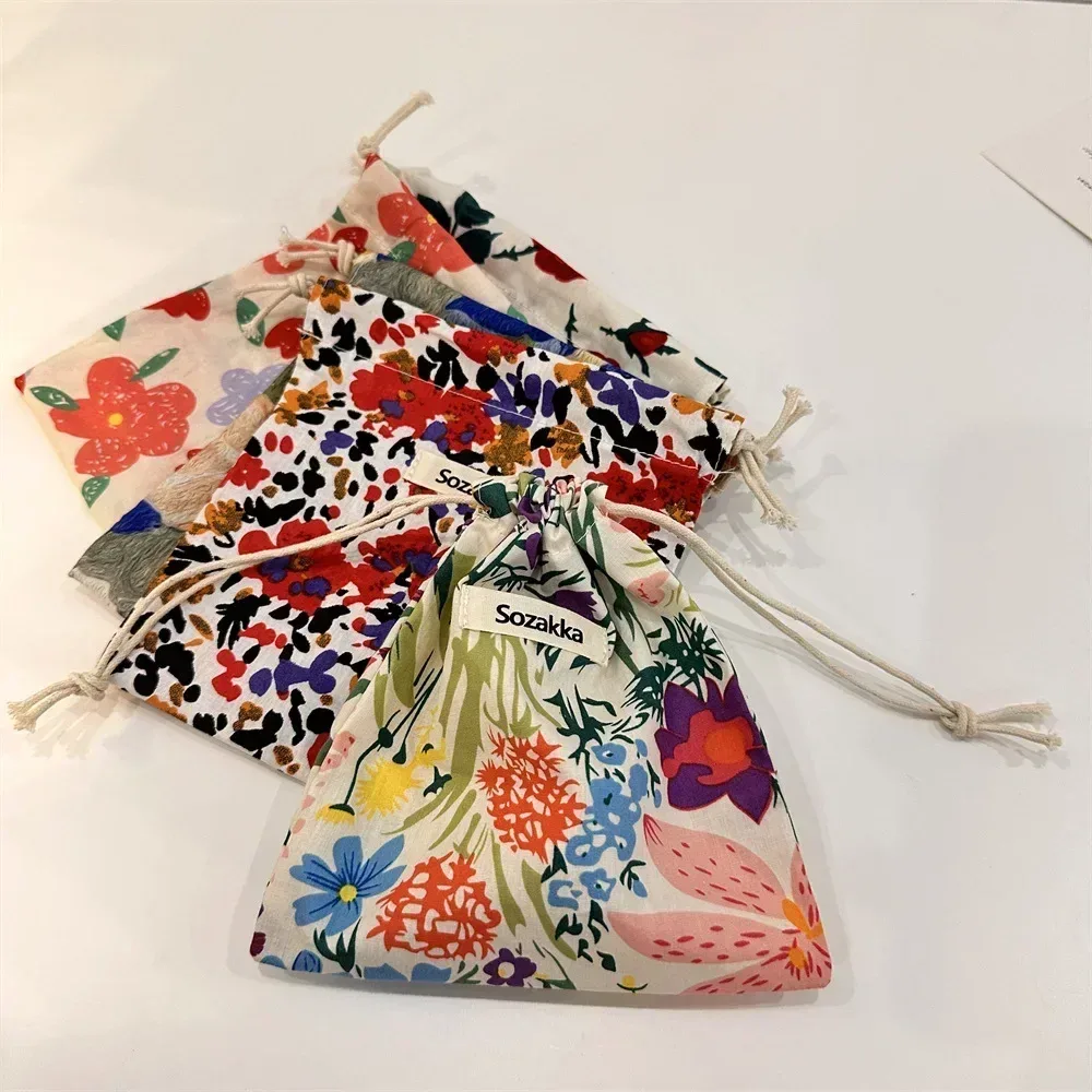 Sacs à main en coton floral pour femmes, petit sac à cordon de proximité, trousse de toilette rouge à lèvres, poudres de maquillage, porte-monnaie, sac de rangement pour écouteurs prédire
