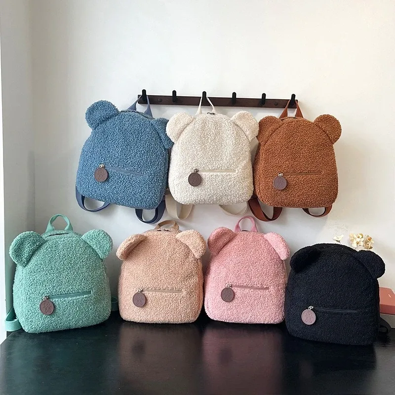 Adorable mini sac à dos oreilles d'ours moelleuses avec ceinture fourre-tout en peluche douce multicolore petits sacs à dos pour enfants élégant usage quotidien décontracté