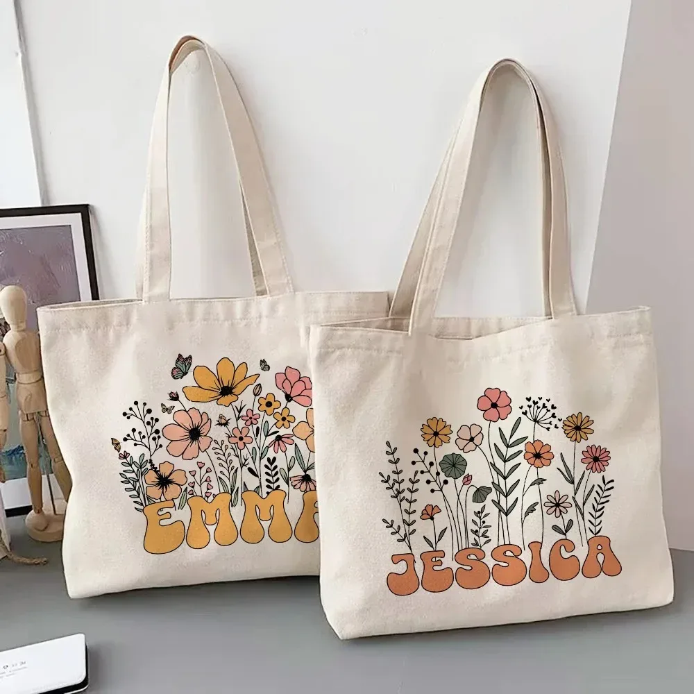 Sac fourre-tout personnalisé avec fleur et nom pour femme, sacs à bandoulière en toile, sac de shopping monogrammé, sacs à main, cadeaux d'anniversaire et de mariage pour elle