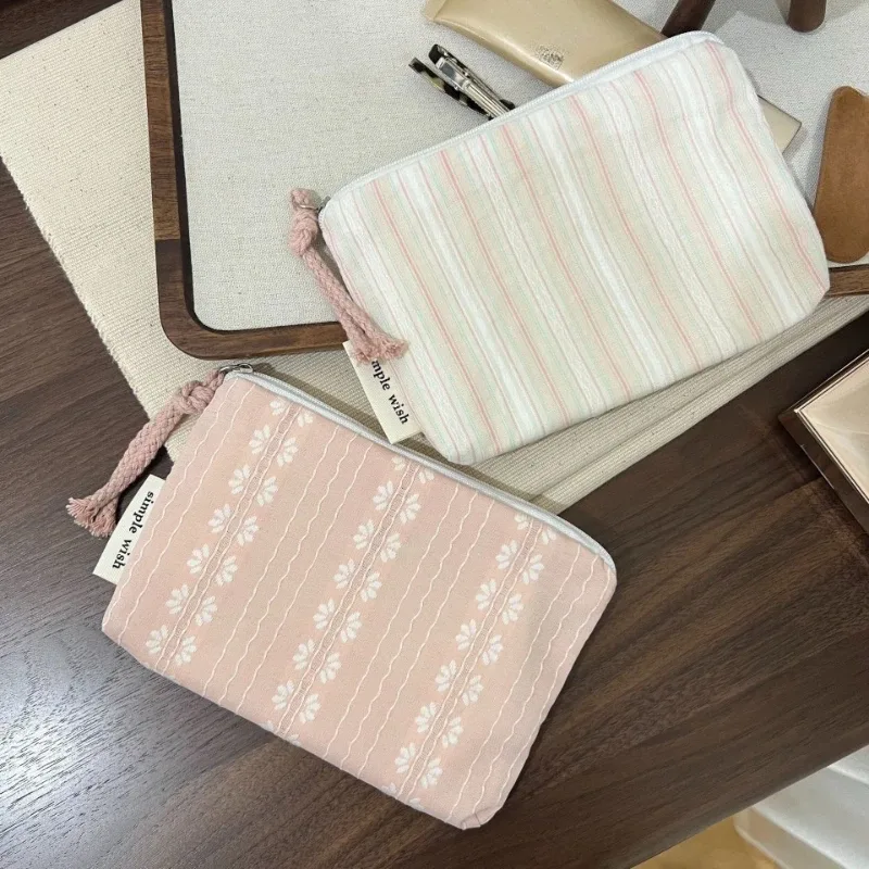 sac de maquillage rose à rayures et pois pour femmes, porte-monnaie portable, porte-cartes, portefeuille, sac de rangement pour rouge à lèvres, sac organisateur de cosmétiques