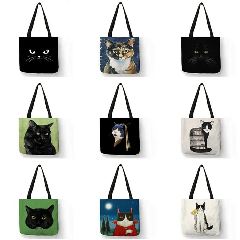 sac à bandoulière imprimé chat noir pour femmes, fourre-tout, sacs à main, peinture artistique animale, sac de shopping graphique pour boutique, supermarché, fourre-tout de plage