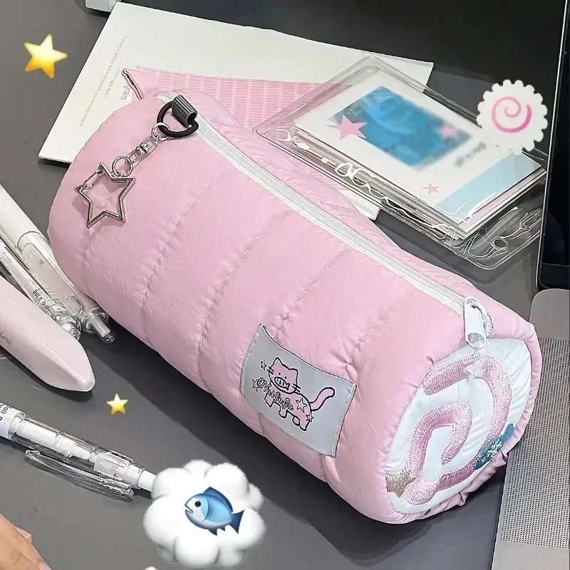 trousse à crayons en rouleau de serviette rose, sac de rangement pour stylos souples kawaii, pochette à cosmétiques, dessin animé, grande capacité, papeterie fournitures scolaires pour étudiants