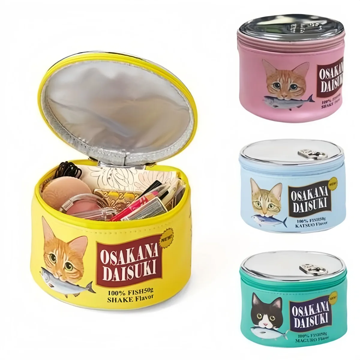trousse de maquillage à motif imprimé chat mangeant du poisson de grande capacité, belle poche intérieure, sac