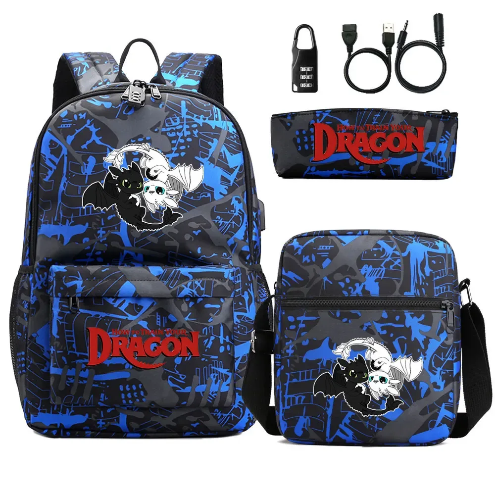 comment entraîner votre dragon 3 pièces usb antivol serrure garçon fille enfants retour à l'école livre sacs voyage sac à dos sac à bandoulière sacs à stylos