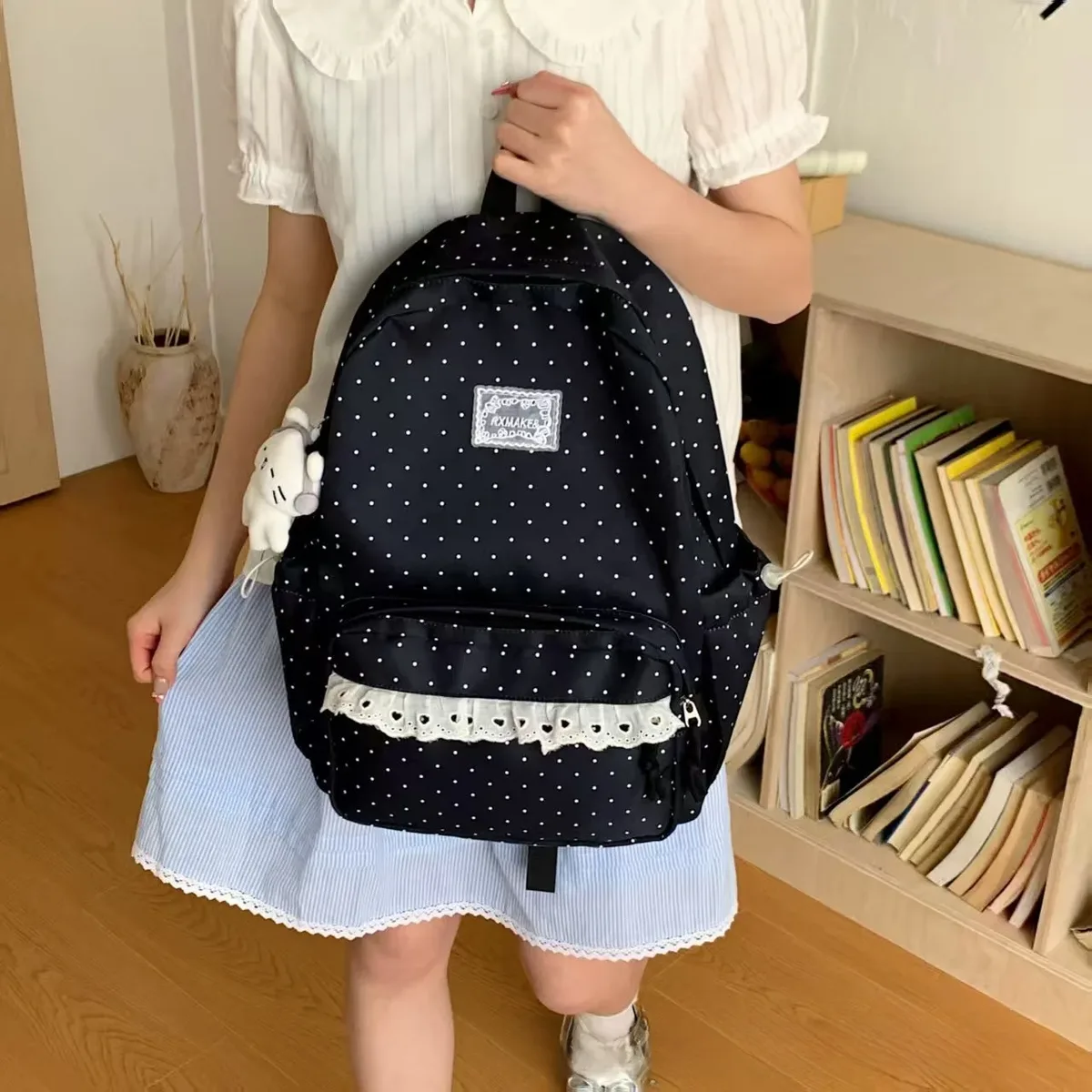 sac à dos coréen style collège à pois, esthétique, pour collège, voyage, double bandoulière, style ballet doux, petit sac à dos pour fille