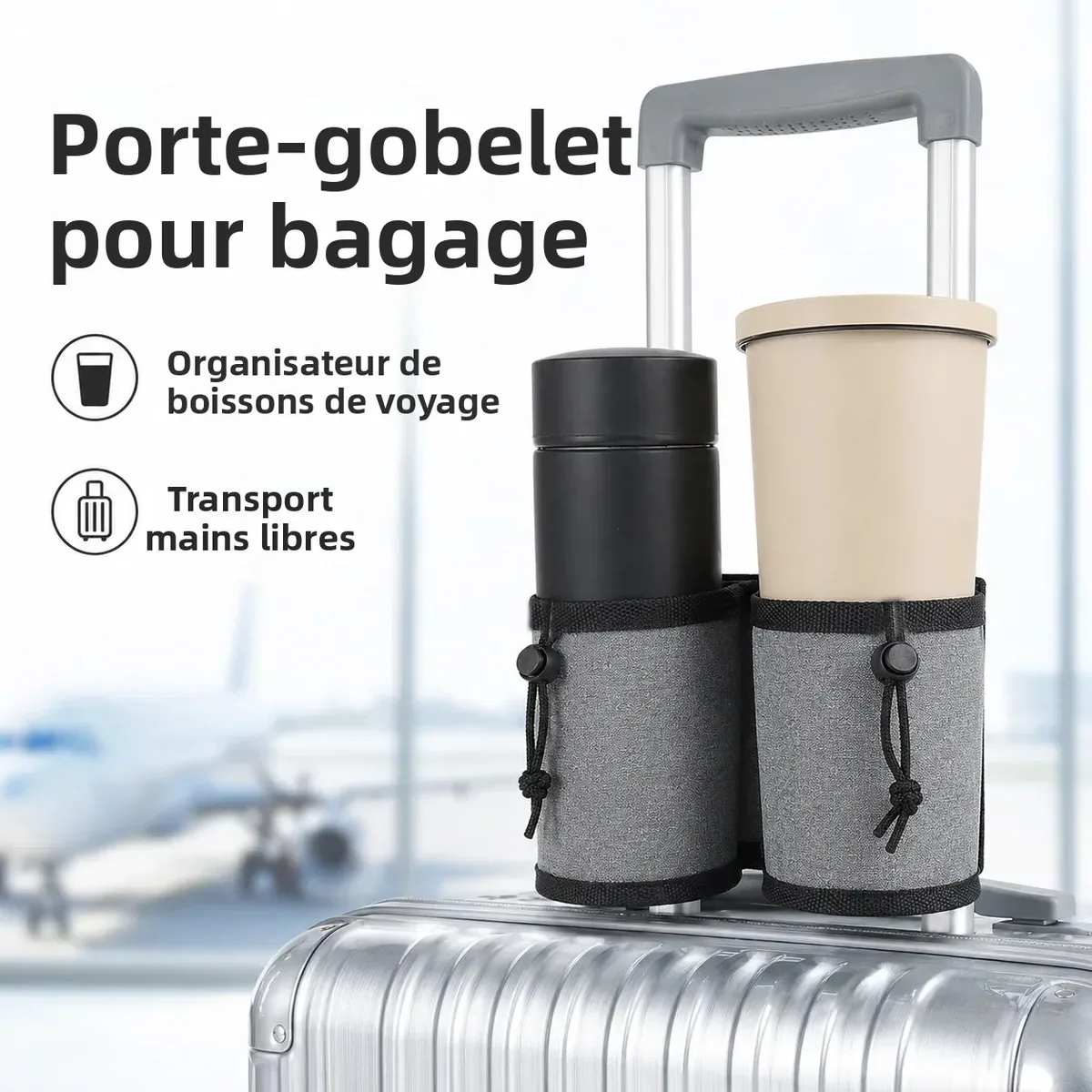 porte-gobelet de voyage pour bagages, support de boisson pour poignée de valise, manchon à double poche en polyester pour l'aéroport, les voyages et le rangement quotidien