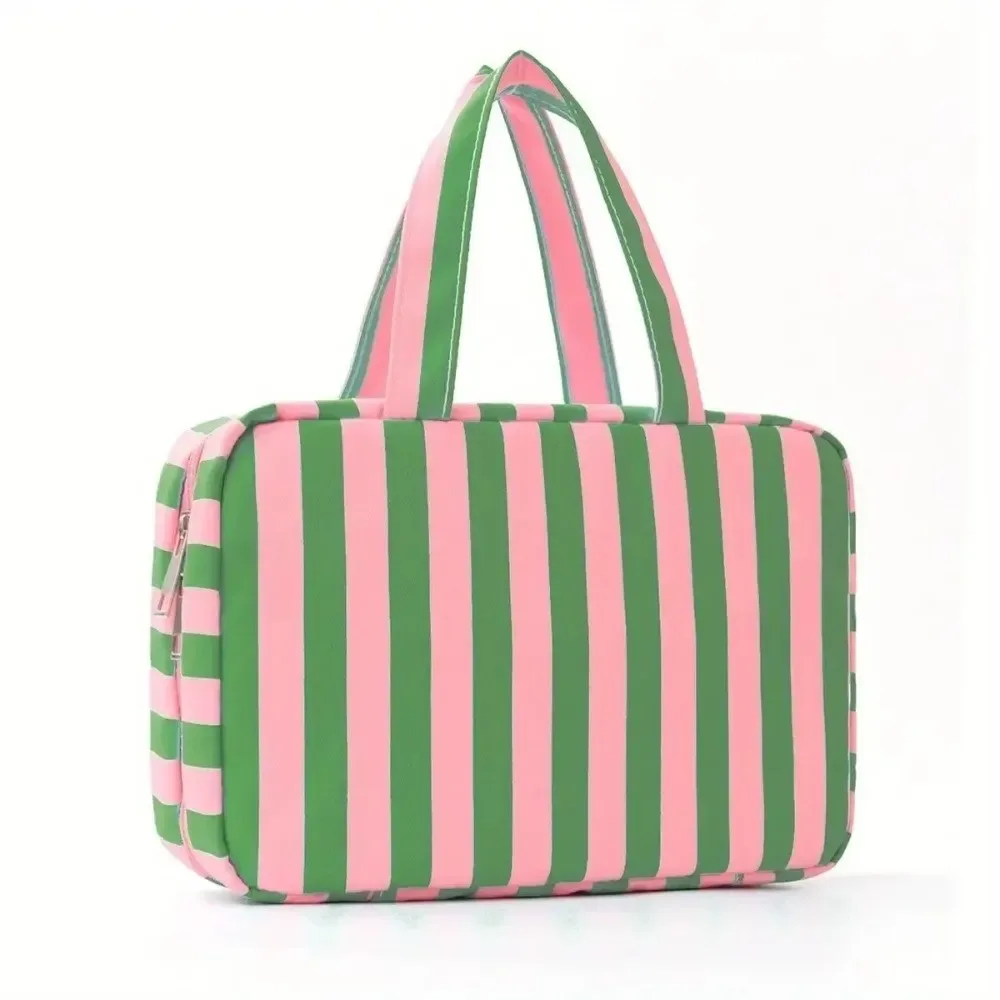sac de toilette de voyage portable à suspendre, organisateur de cosmétiques à 4 compartiments rayés avec crochet, sac de cosmétiques de grande capacité pour voyage