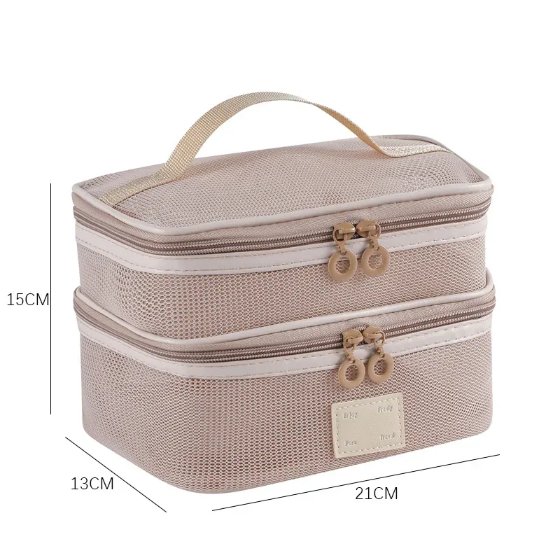 organisateur de toilette transparent de grande capacité, pochette de rangement cosmétique portable pour femmes, sac à maquillage respirant en maille