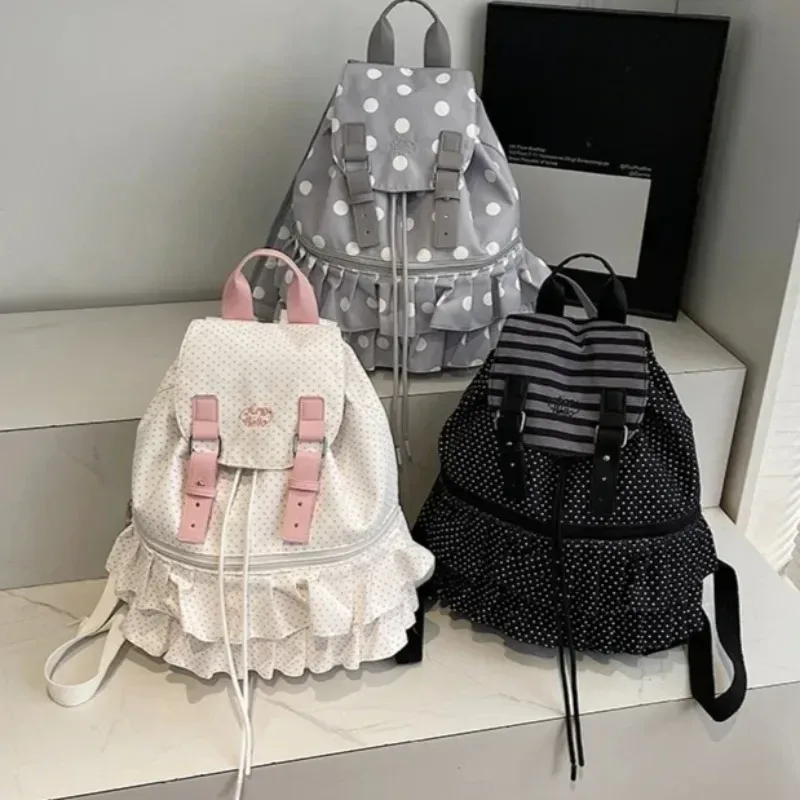 Nouveau Sac à Dos Femme en Toile à Volants et Imprimé Pois, Grande Capacité, Idéal pour les Vacances et les Voyages