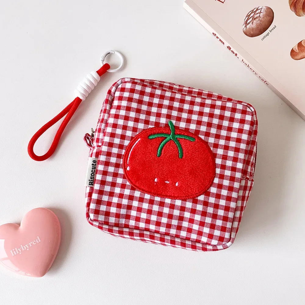 sac de rangement portable pour serviettes hygiéniques à motif quadrillé tomate pour femme, trousse de maquillage avec fermeture éclair, porte-tampons pour sac à main