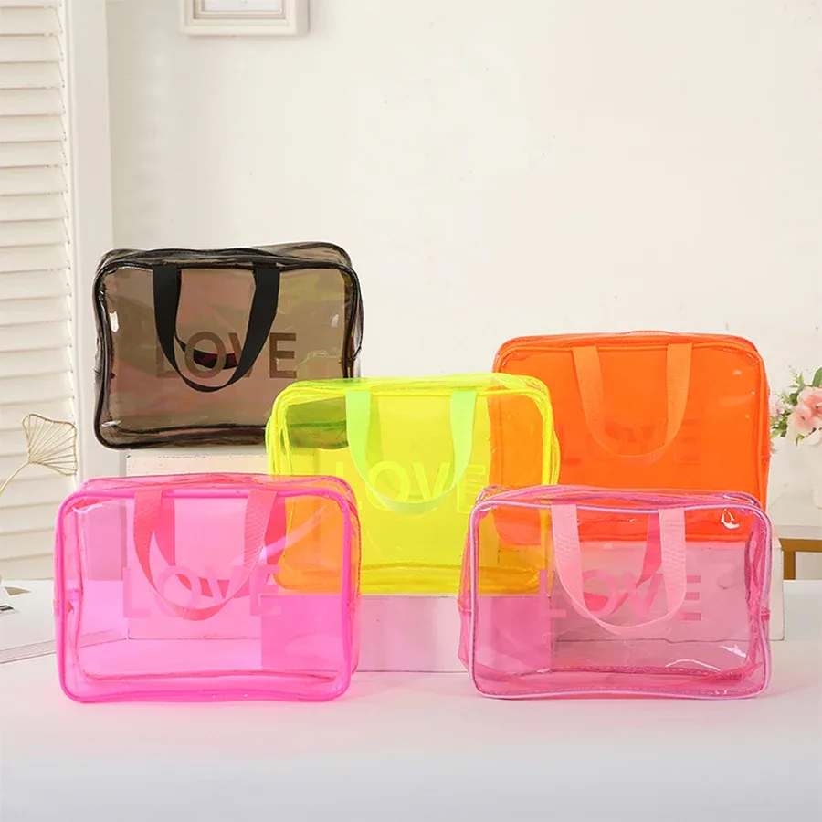 trousse de maquillage imprimée - motif love - organisateur de rangement transparent pour articles de toilette - sac de rangement pratique pour les voyages