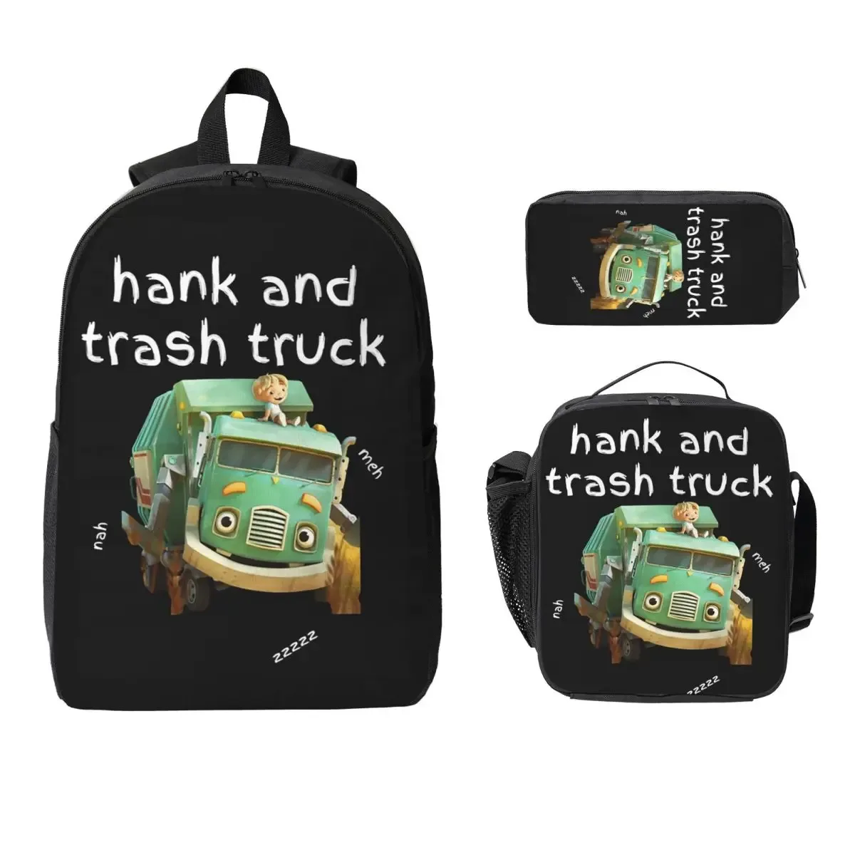 sac à dos de dessin animé hank and trash truck, sac d'école pour garçons et filles, sacs à bandoulière pour ordinateur, sac à déjeuner isolé 3ps, trousse à crayons