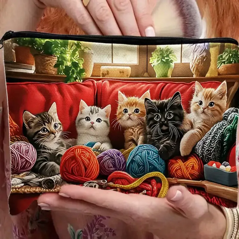 1 pièce, jolie pochette multifonctionnelle à fermeture éclair, sac de maquillage mignon en forme de chat pour femmes, sac de rangement pour bijoux, petit sac de voyage.
