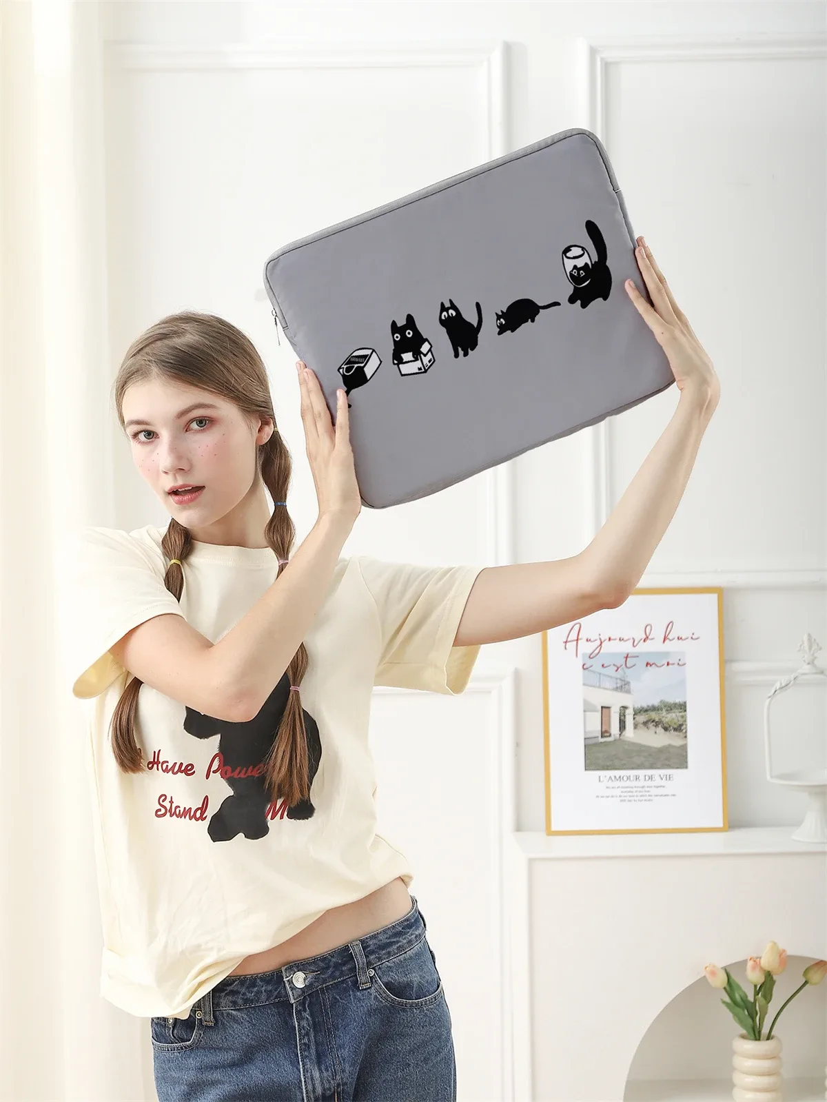 sac et porte-documents pour ordinateur portable avec motif chat noir, adapté aux ordinateurs portables de 14 pouces
