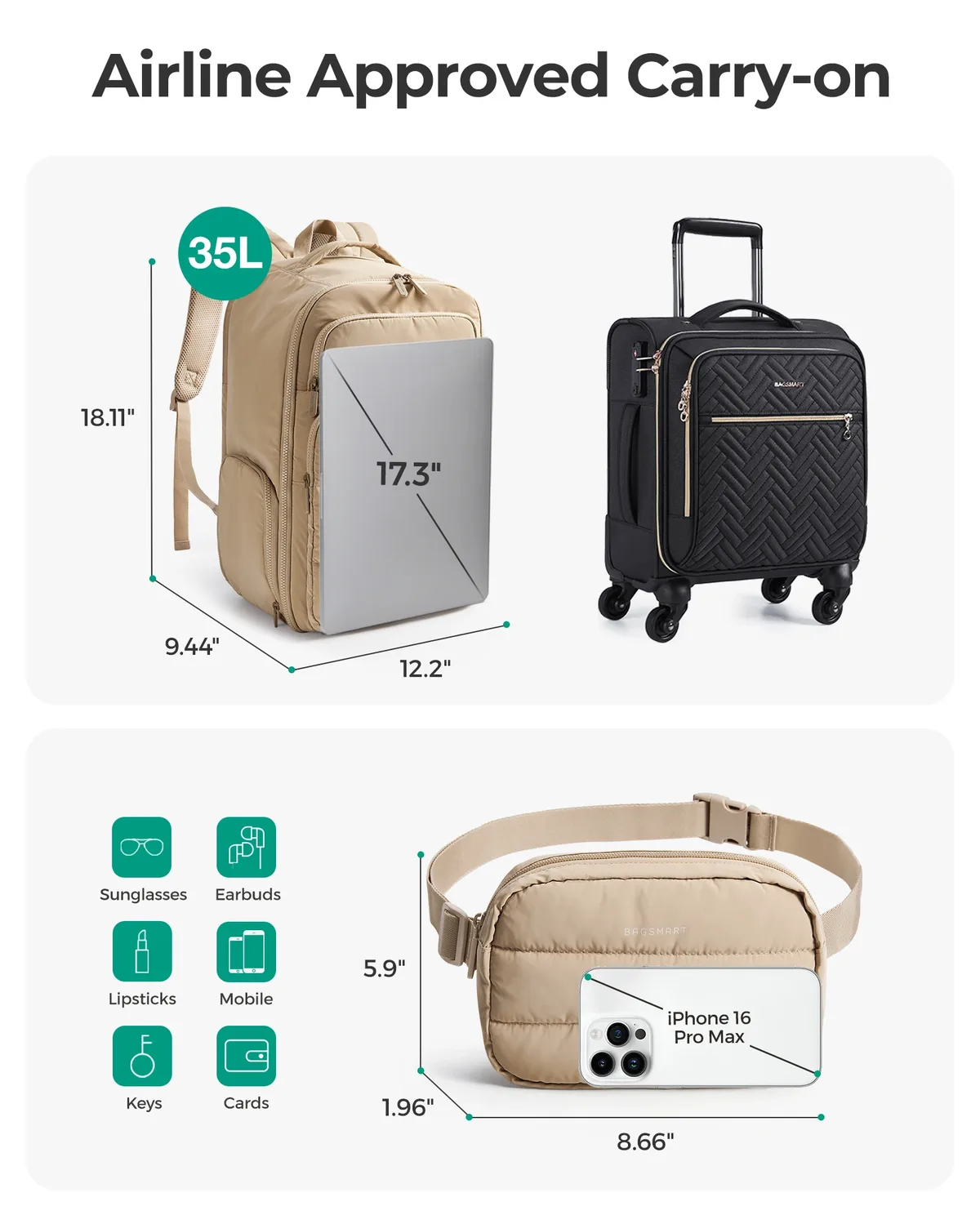 bagsmart 35l sac à dos de voyage pour hommes 17.3 pouces sac à dos de transport approuvé au vol résistant à l'eau sac à dos décontracté pour les femmes