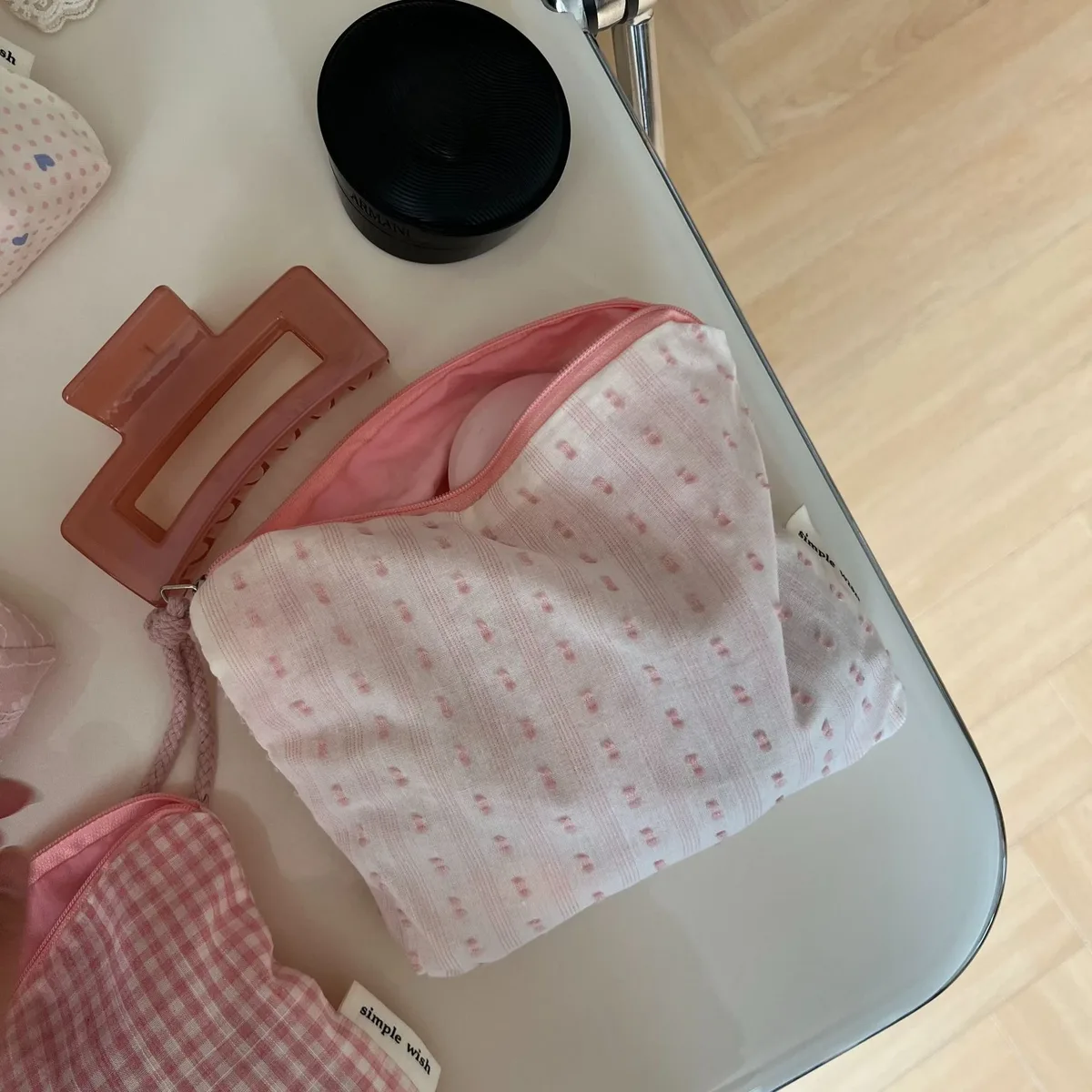 pochette de rangement en coton rose clair pour femme, motif pois frais, à carreaux et rayures, pour maquillage, cosmétiques et articles de toilette
