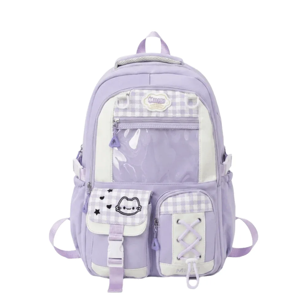 sac à dos scolaire multi-compartiments style preppy, grande capacité, léger, motif écossais, blocs de couleur, sac à dos de jour avec fermeture éclair et multiples poches