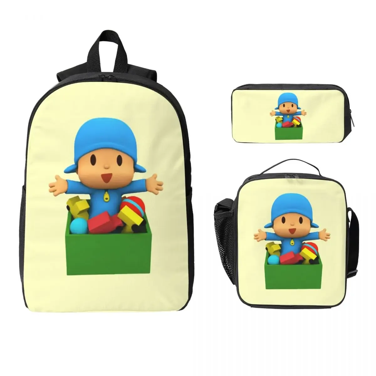 sac à dos bleu pocoyo pour enfants, sac à livres pour étudiants, sac d'école, sacs à bandoulière pour ordinateur, 3 pièces, sac à déjeuner isotherme, trousse à crayons