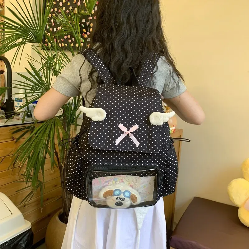 sac à dos mignon à pois, aile d'ange, nœud rose, poche transparente, sac à dos de grande capacité, sac de trajet sweet lolita pour femmes