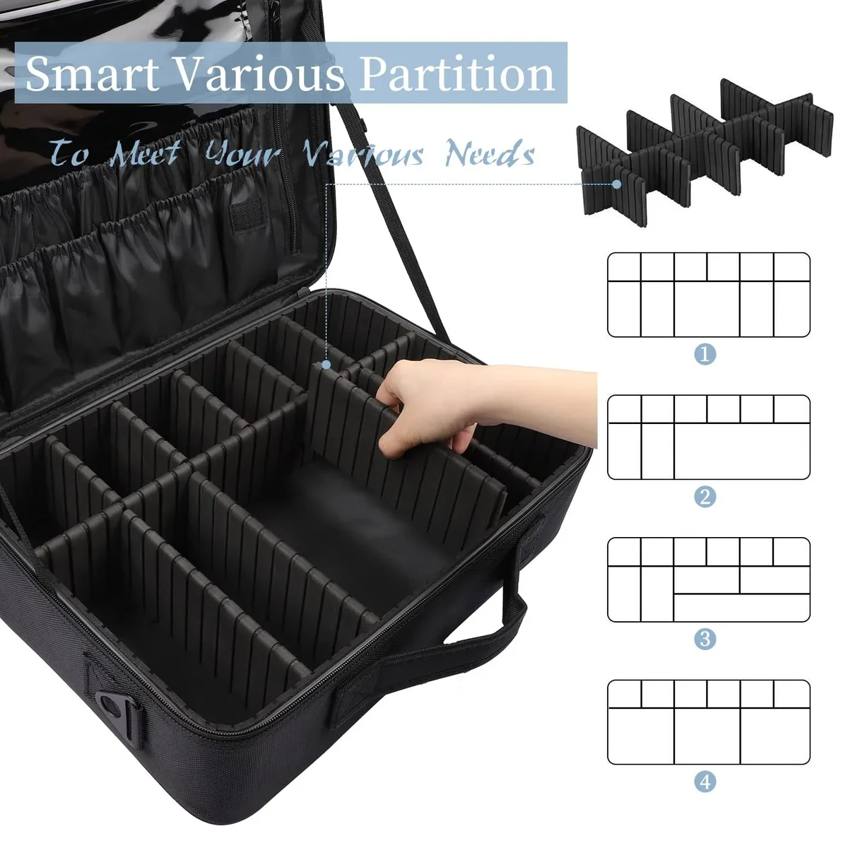 grande trousse de maquillage de voyage, organiseur de cosmétiques professionnel pour femmes, portable avec séparateurs ajustables et bandoulière
