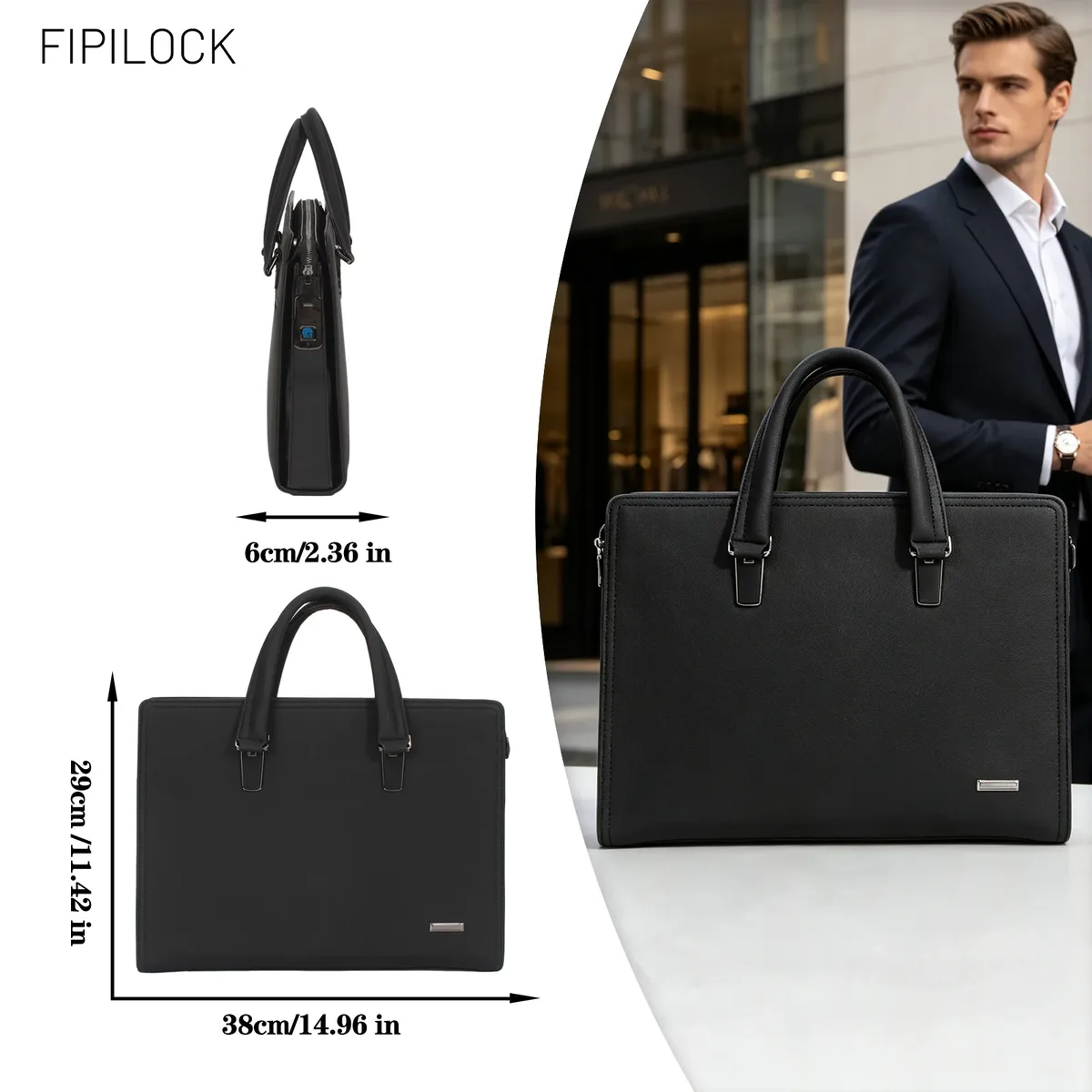 fipilock sac pour ordinateur portable en cuir, sacs à main rigides de luxe pour hommes avec déverrouillage intelligent par empreinte digitale, sac d'affaires pour bureau