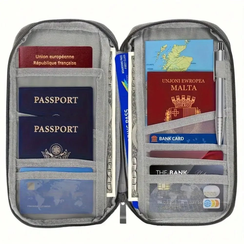porte-passeport de voyage avec fermeture éclair - avec compartiments pour argent liquide, documents d'identité, cartes de crédit et emplacement pour téléphone