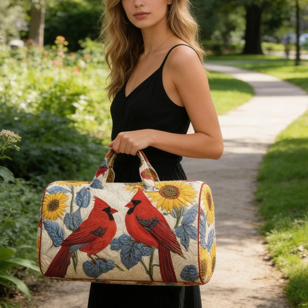 sac de voyage matelassé 3d vintage tendance, imprimé floral oiseau cardinal, sac de week-end, de sport ou de plage durable, sac fourre-tout pour femme