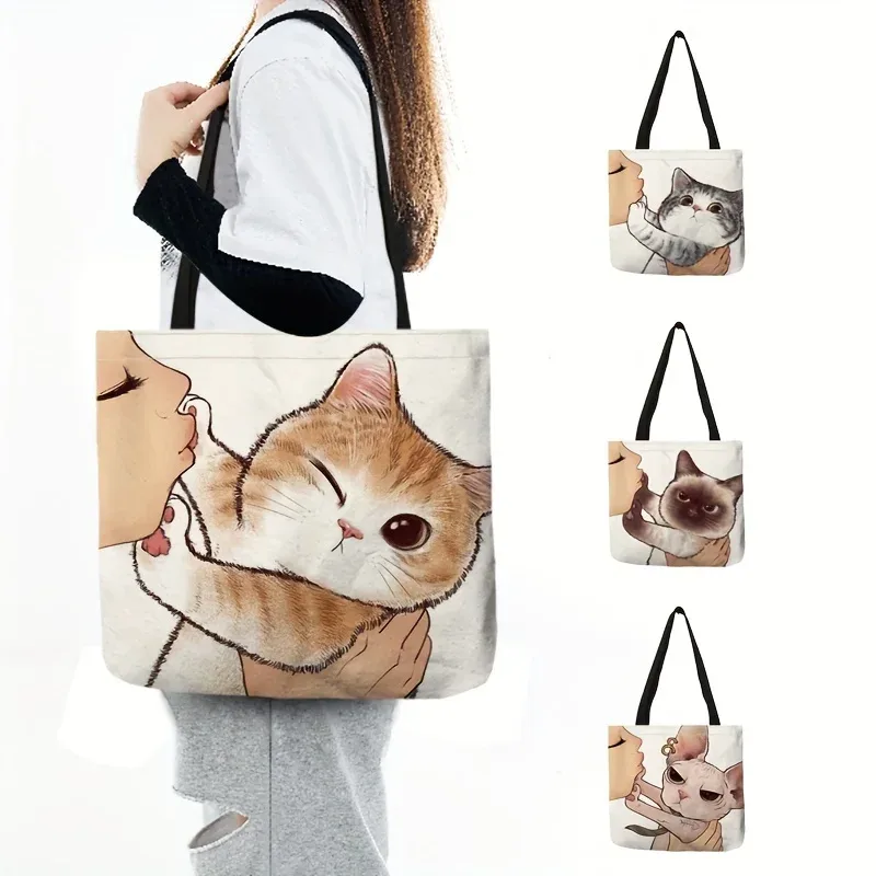 Sac fourre-tout imprimé chat de dessin animé mignon, sac à bandoulière de grande capacité, sac à main décontracté pour femmes pour le travail, l'école et le Shopping