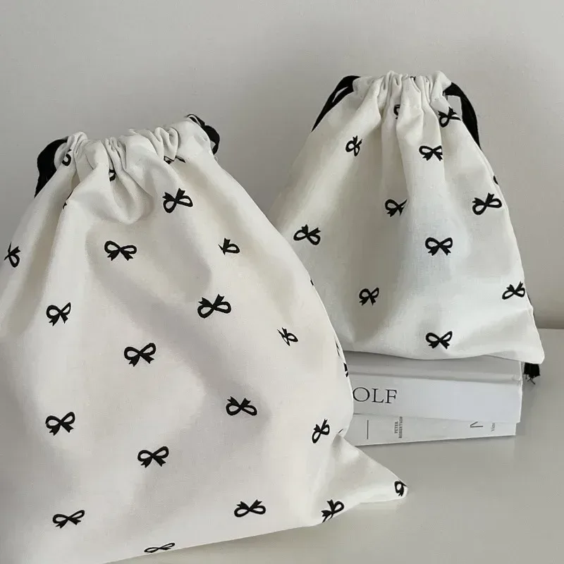 sac de rangement coréen à cordon imprimé avec nœud mignon, sac à cosmétiques portable pour filles, organisateur de maquillage de voyage pour femmes, pochette à main