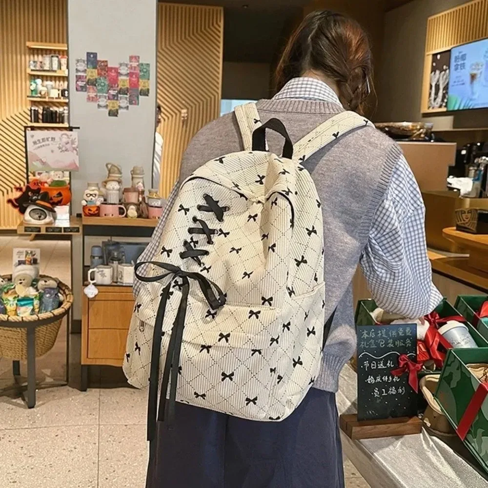 sac à dos en velours côtelé grande capacité avec nœud, léger, style coréen, sac à nœud, bretelles réglables, sac à double épaule pour étudiants