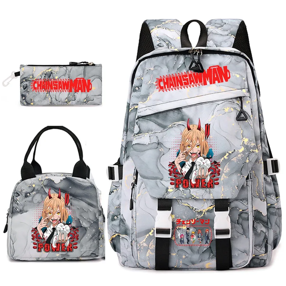 ensemble de sacs à dos pour étudiantes avec imprimé chainsaw man anime, pour filles, avec sac à lunch et trousse à crayons, pour une utilisation quotidienne à l'école