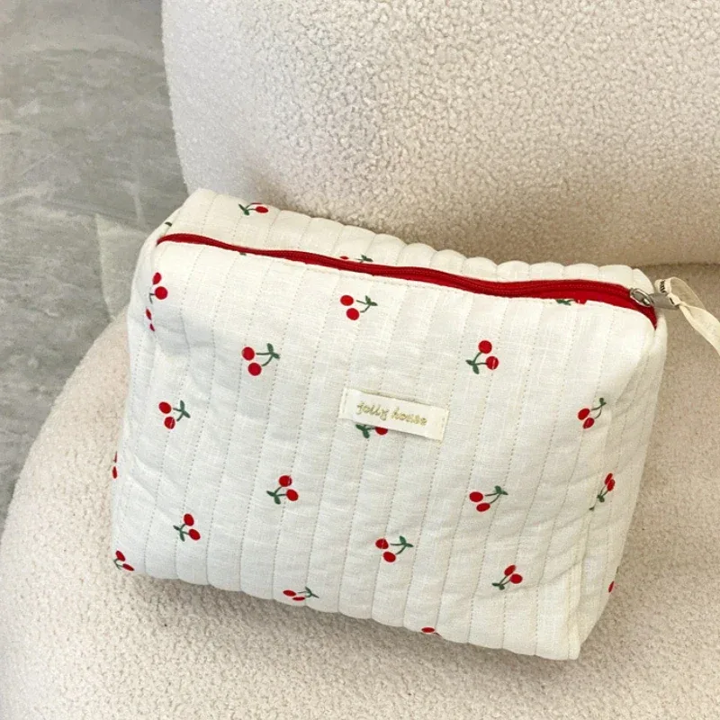 sac de rangement de voyage en coton matelassé pour femmes, sacs à cosmétiques rétro cerise, design mignon, trousse à crayons pour filles, trousse de maquillage, sacs à main