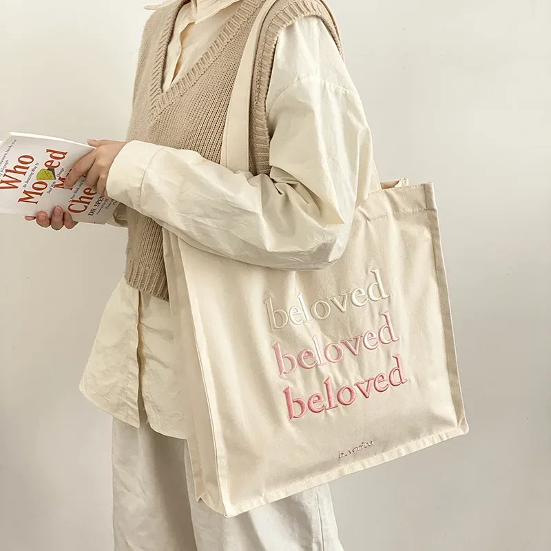 sac à bandoulière en toile pour femmes, sacs de shopping quotidiens brodés, sac de livres pour étudiants, sacs à main en tissu de coton épais, fourre-tout pour filles
