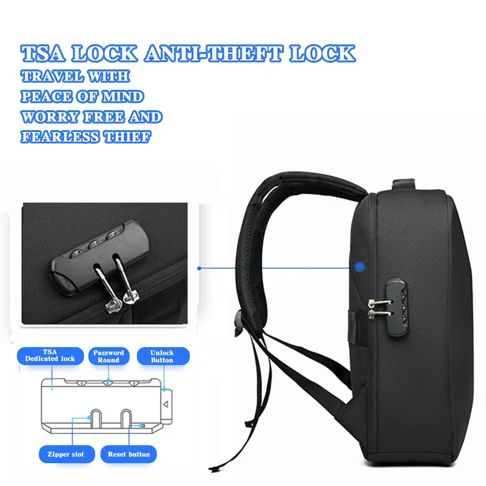 sac à dos portable décontracté pour hommes, grande capacité, fermeture éclair, verrouillage sécurisé par mot de passe, étanche avec port de chargement usb, pochette d'ordinateur