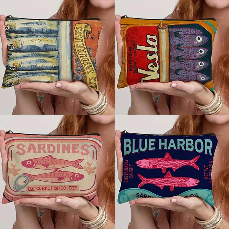 sac à cosmétiques en toile vintage, trousse de maquillage simple de grande capacité, pochette de voyage pour femmes, trousse de toilette rétro, design d'huile d'olive de sardines