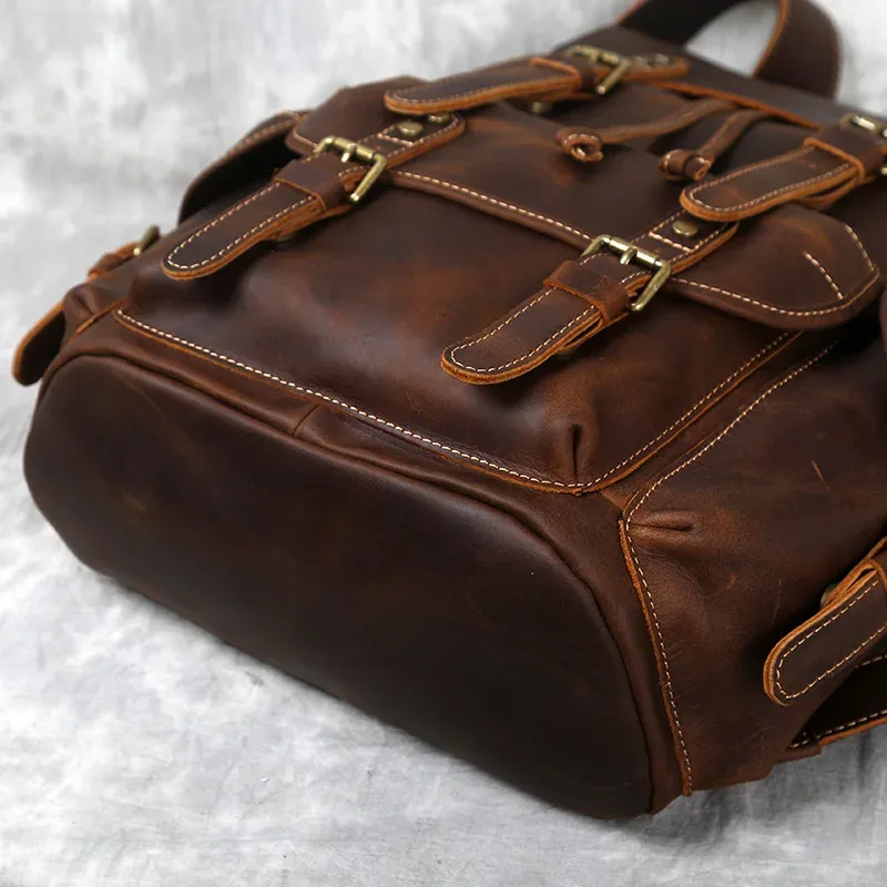 sac à dos rétro en cuir de cheval fou pour hommes, avec couche supérieure en cuir de vache, sac d'école de grande capacité, sac d'ordinateur portable, nzpj