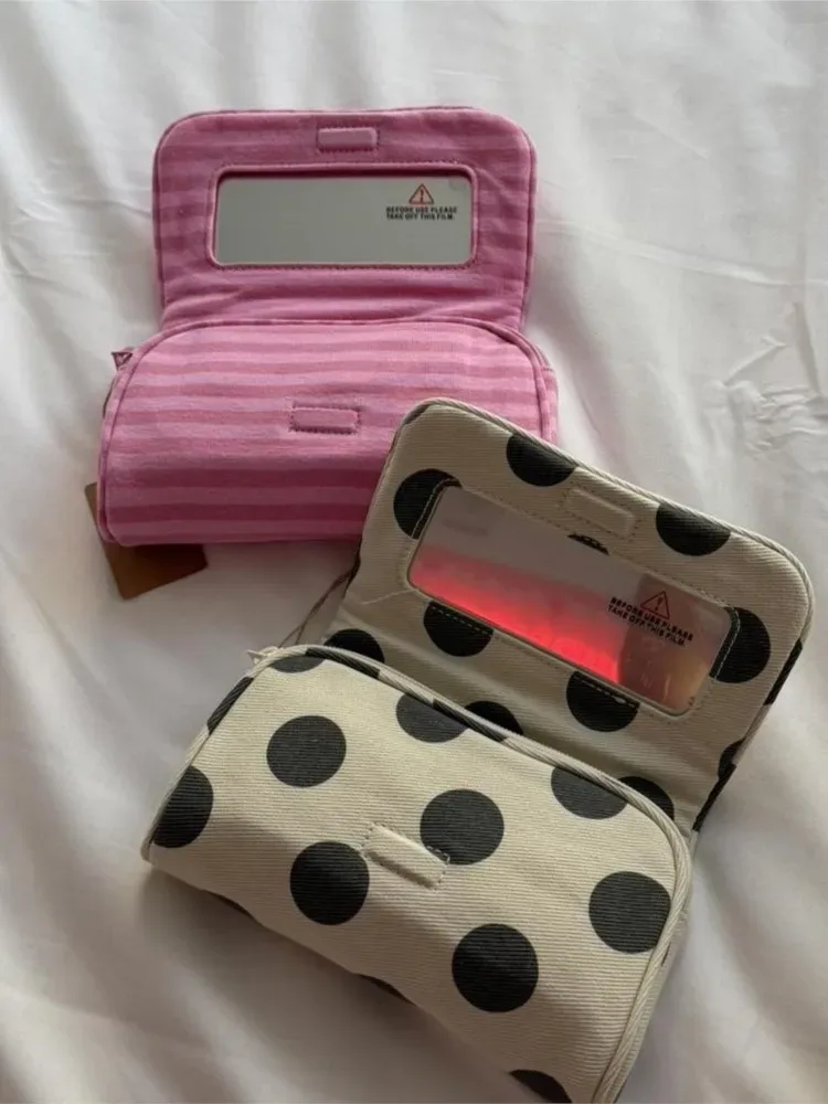 trousse de maquillage rose rayée avec miroir et fermeture éclair, sac de voyage portable pour femmes, organisateur cosmétique mignon et adorable, pochette de toilette