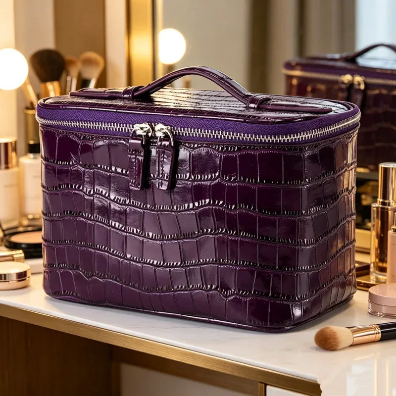 claregqi trousse de toilette femme en cuir gaufré crocodile grande capacité portable imperméable organisateur de maquillage de voyage