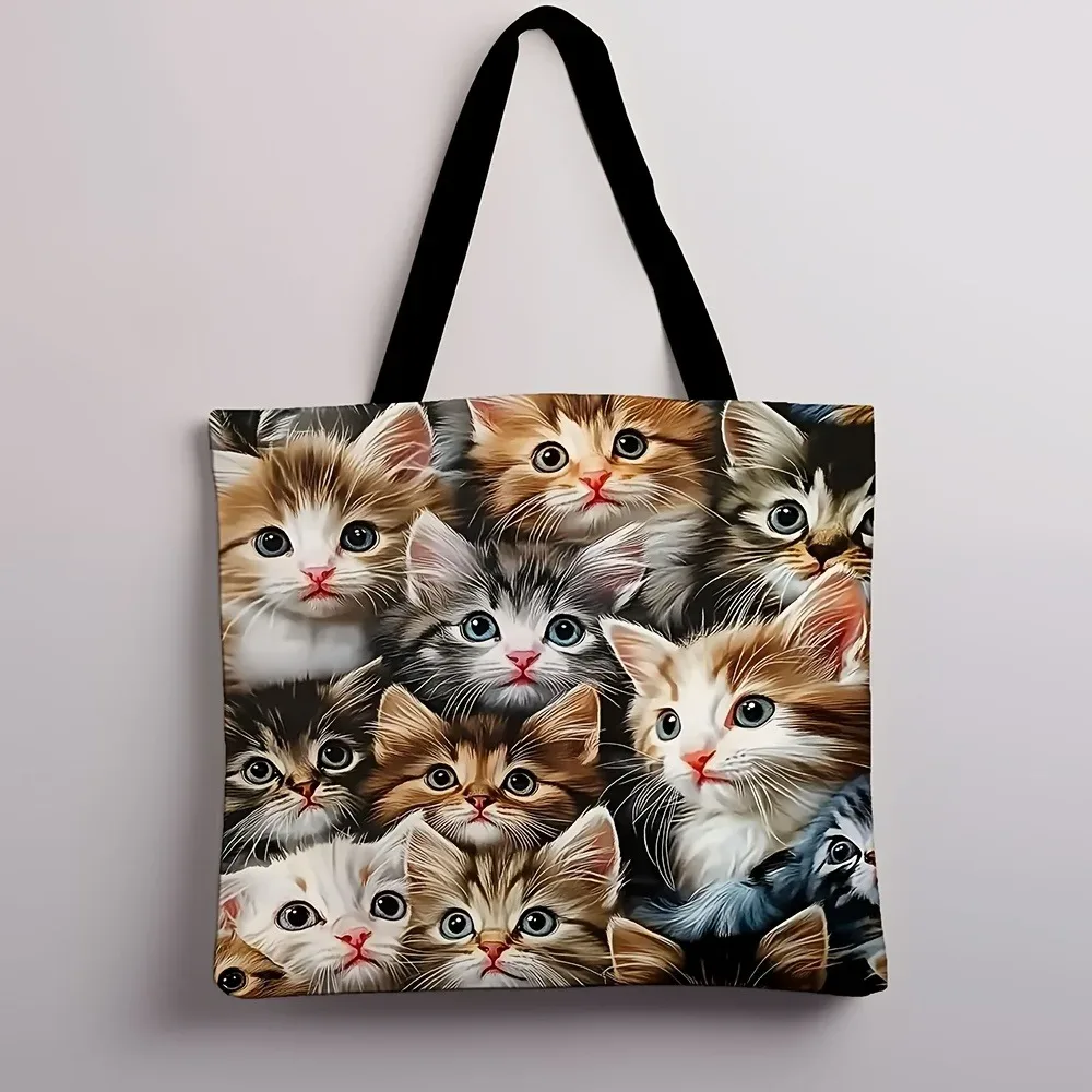 grand sac fourre-tout avec graphique de chat de dessin animé, sac à bandoulière pliable réutilisable en polyester pour femmes, sacs de rangement de voyage pour achats d'épicerie