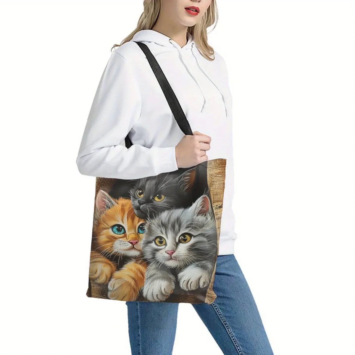 grand sac fourre-tout avec graphique de chat de dessin animé, sac à bandoulière pliable réutilisable en polyester pour femmes, sacs de rangement de voyage pour achats d'épicerie