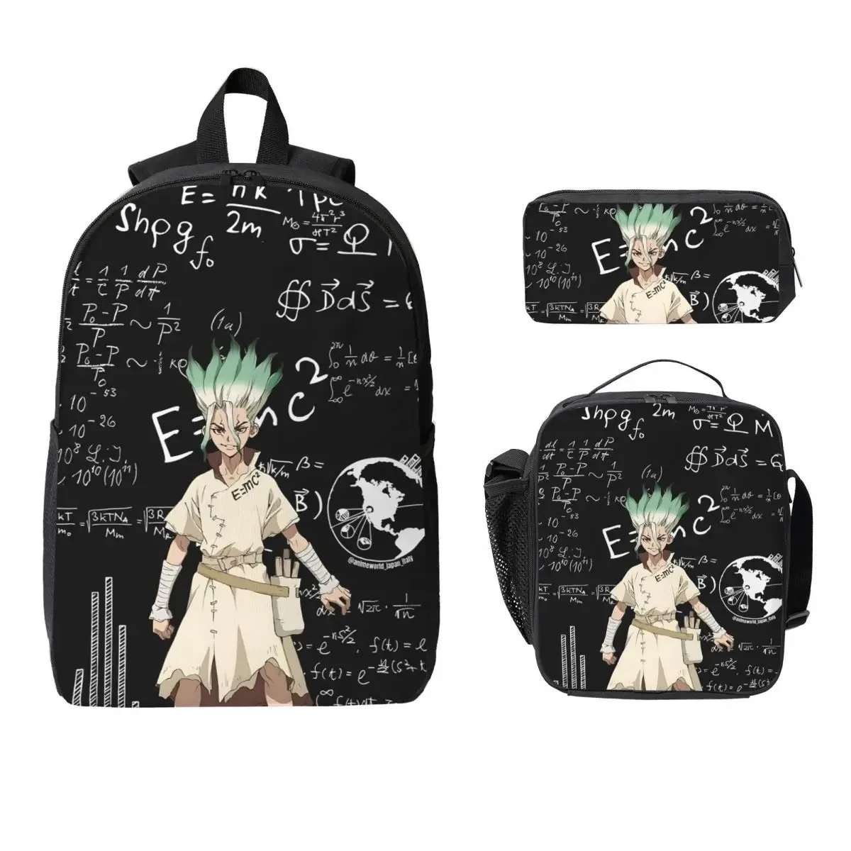 sac à dos d'école senku ishigami dr stone apan anime, sac à bandoulière pour ordinateur, 3 pièces, sac à déjeuner isotherme, trousse à crayons
