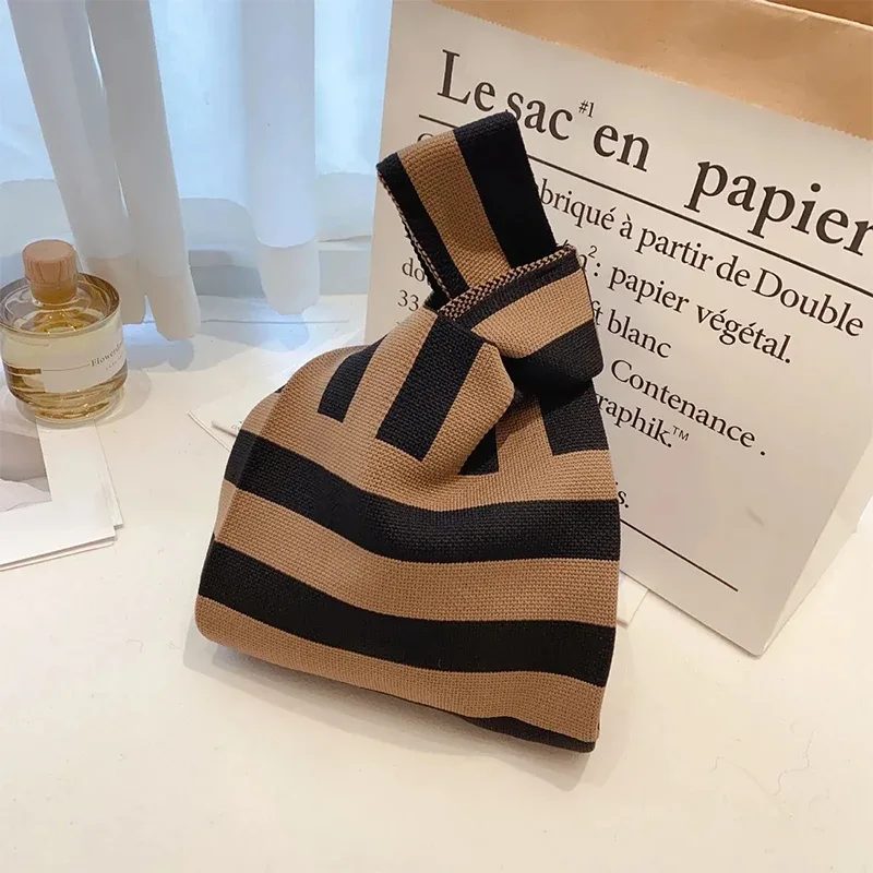 sac à main en tricot fait à la main pour femme, mini sac de poignet à nœud, sac fourre-tout à carreaux à large rayure, sacs à provisions réutilisables pour étudiants, document décontracté japonais