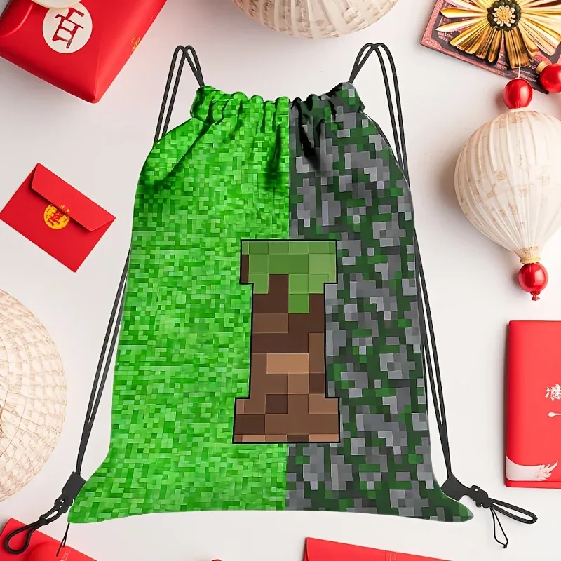 sac à dos à cordon de serrage de grande capacité pour jeux vidéo, avec lettrage pixelisé, unisexe, motif géométrique multicolore, 1 pièce