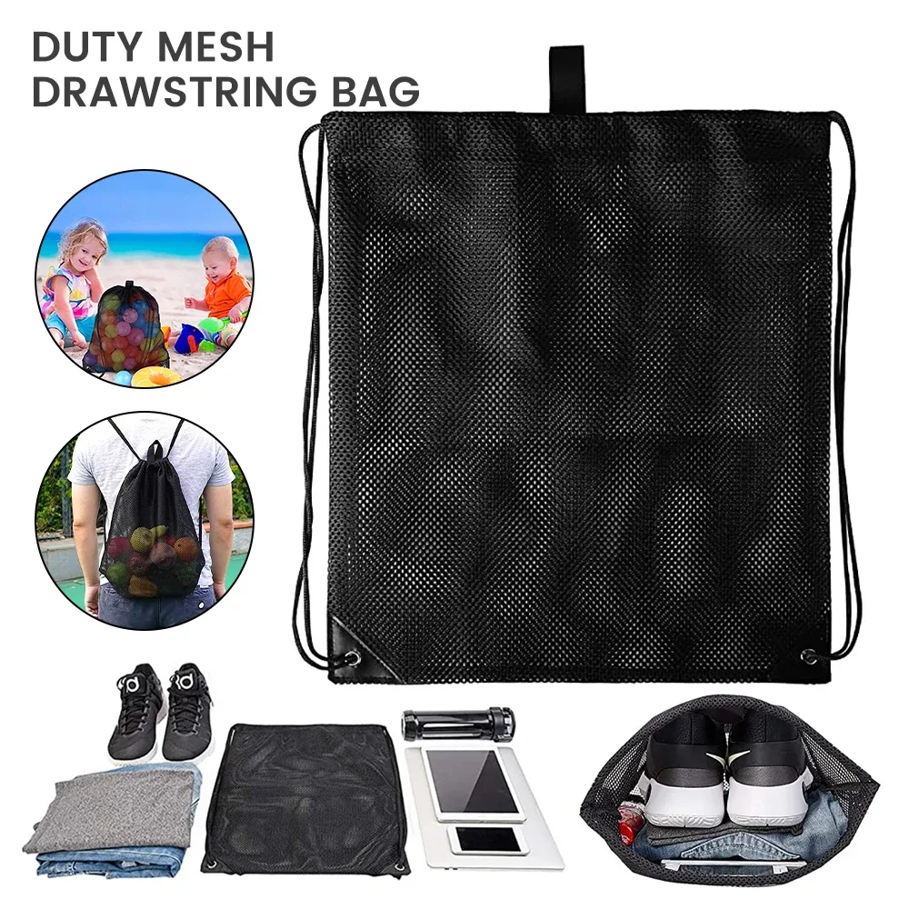 sac à dos en maille à cordon de serrage, sacs en maille noire, sac en filet pour ballon de football robuste, sac d'équipement pour salle de sport, plage, équipements de natation