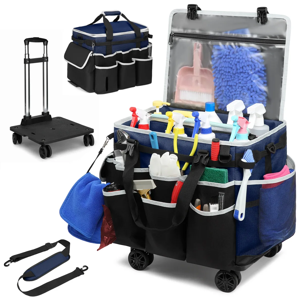 sac de caddie de nettoyage roulant, sac à outils, sac de rangement d'outils de nettoyage, grand sac de nettoyage portable professionnel avec roues, sacs oxford