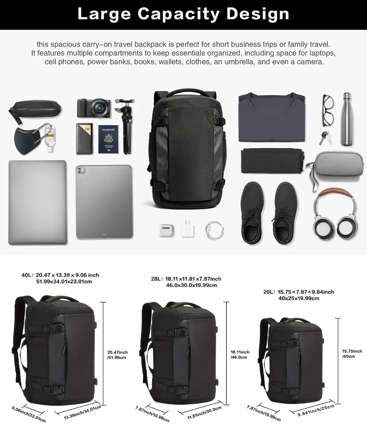sac à dos d'affaires de grande capacité pour hommes, sac de voyage pour ordinateur portable pour le travail, le collège, sac à dos d'école pour étudiants avec port usb, bagage à main
