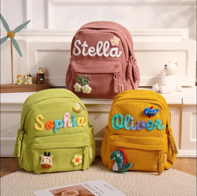 Sac à dos personnalisé pour enfants avec nom, sacs à dos personnalisés en cadeau, sac à livres pour tout-petits, sac à dos en velours côtelé pour enfants, cadeaux de rentrée scolaire