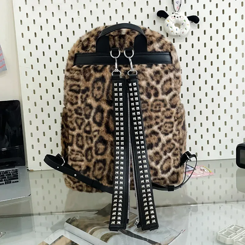 sac à dos en peluche à imprimé léopard japonais pour l'automne et l'hiver, nouveau sac à dos en peluche de grande capacité, sac à dos